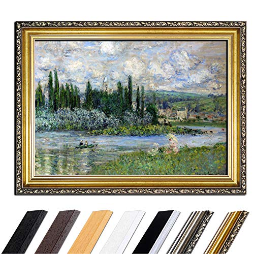 Bild mit Rahmen - Claude Monet Ansicht von Vétheuil sur Seine 50x40 cm - Gerahmtes Leinwandbild Alte Meister - Antiker Rahmen Gold Barock, Klassisch von Bilderdepot24