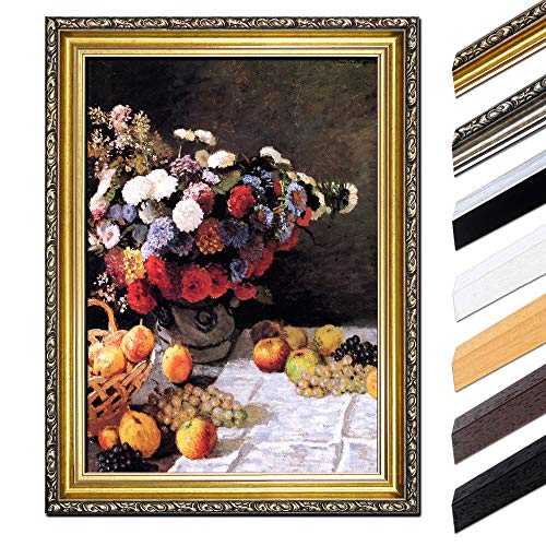 Bild mit Rahmen - Claude Monet Blumen und Früchte 60x80 cm - Gerahmtes Leinwandbild Alte Meister - Antiker Rahmen Gold Barock, Klassisch von Bilderdepot24