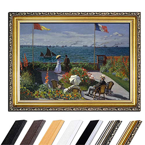 Bild mit Rahmen - Claude Monet Die Terrasse von Sainte-Adresse 90x70 cm - Gerahmtes Leinwandbild Alte Meister - Antiker Rahmen Gold Barock, Klassisch von Bilderdepot24