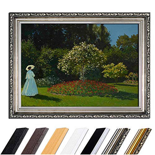 Bild mit Rahmen - Claude Monet Frau im Garten 50x40 cm - Gerahmtes Leinwandbild Alte Meister - Antiker Rahmen Silber Barock, Klassisch von Bilderdepot24