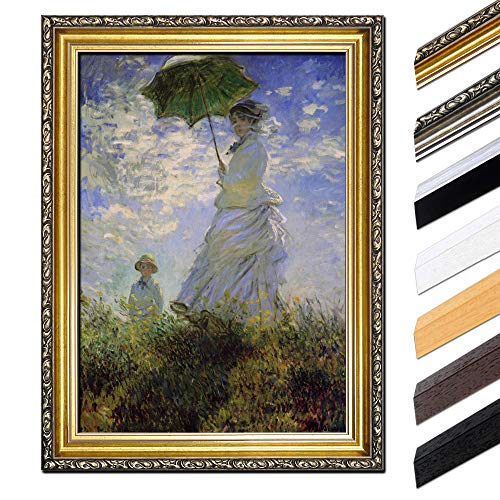 Bild mit Rahmen - Claude Monet Frau mit Sonnenschirm 40x50 cm - Gerahmtes Leinwandbild Alte Meister - Antiker Rahmen Gold Barock, Klassisch von Bilderdepot24