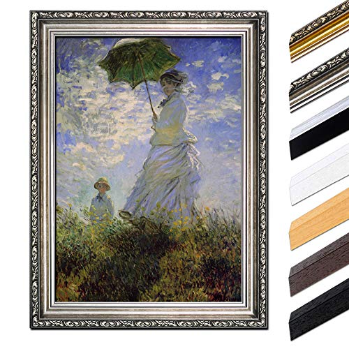 Bild mit Rahmen - Claude Monet Frau mit Sonnenschirm 60x80 cm - Gerahmtes Leinwandbild Alte Meister - Antiker Rahmen Silber Barock, Klassisch von Bilderdepot24