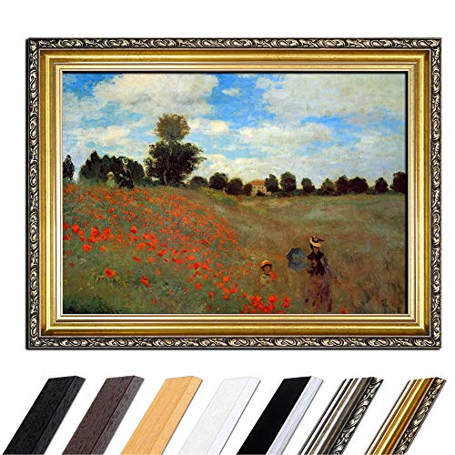 Bild mit Rahmen - Claude Monet Mohnfeld bei Argenteuil 50x40 cm - Gerahmtes Leinwandbild Alte Meister - Antiker Rahmen Gold Barock, Klassisch von Bilderdepot24