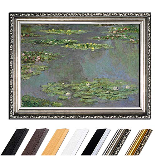 Bild mit Rahmen - Claude Monet Seerosenteich 50x40 cm - Gerahmtes Leinwandbild Alte Meister - Antiker Rahmen Silber Barock, Klassisch von Bilderdepot24