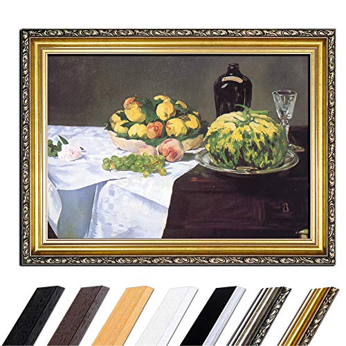 Bild mit Rahmen - Édouard Manet Stillleben mit Melone und Pfirsichen 50x40 cm - Gerahmtes Leinwandbild Alte Meister - Antiker Rahmen Gold Barock, Klassisch von Bilderdepot24