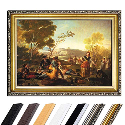 Bild mit Rahmen - Francisco de Goya Picknick am Ufer des Manzanares 50x40 cm - Gerahmtes Leinwandbild Alte Meister - Antiker Rahmen Gold Barock, Klassisch von Bilderdepot24