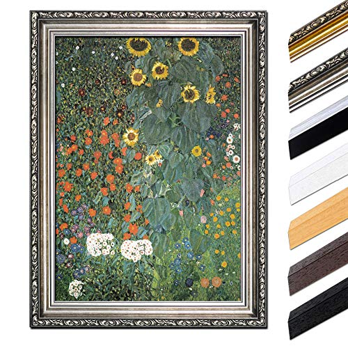 Bild mit Rahmen - Gustav Klimt Bauerngarten mit Sonnenblumen 60x80 cm - Gerahmtes Leinwandbild Alte Meister - Antiker Rahmen Silber Barock, Klassisch von Bilderdepot24