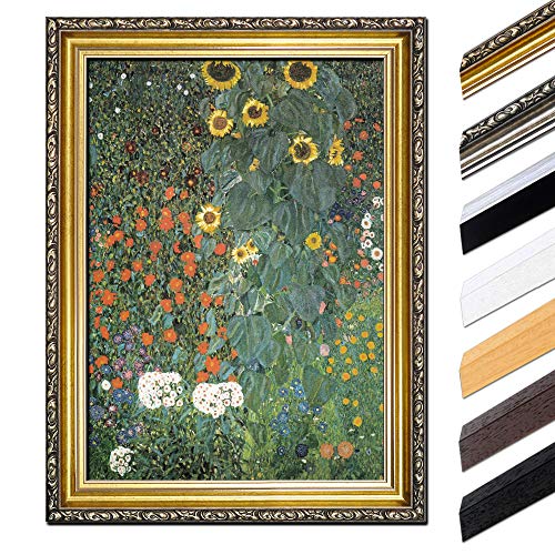 Bild mit Rahmen - Gustav Klimt Bauerngarten mit Sonnenblumen 70x90 cm - Gerahmtes Leinwandbild Alte Meister - Antiker Rahmen Gold Barock, Klassisch von Bilderdepot24