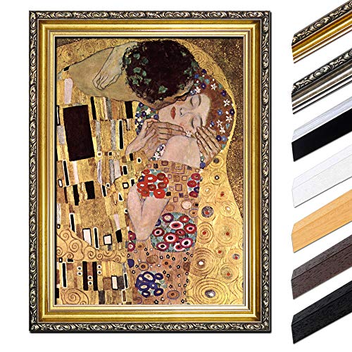 Bild mit Rahmen - Gustav Klimt Der Kuss 70x90 cm - Gerahmtes Leinwandbild Alte Meister - Antiker Rahmen Gold Barock, Klassisch von Bilderdepot24