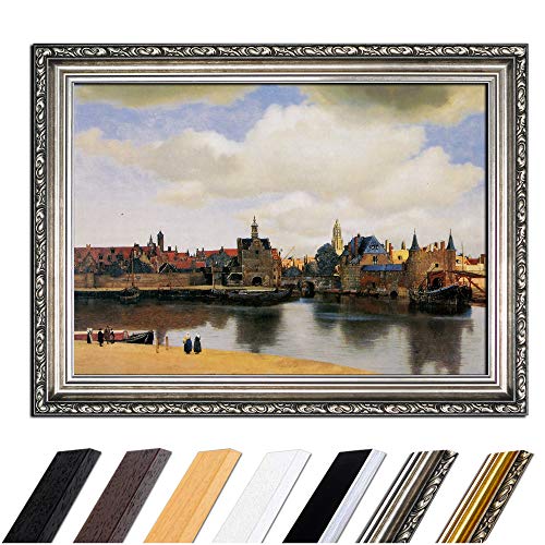 Bild mit Rahmen - Jan Vermeer Ansicht von Delft 50x40 cm - Gerahmtes Leinwandbild Alte Meister - Antiker Rahmen Silber Barock, Klassisch von Bilderdepot24