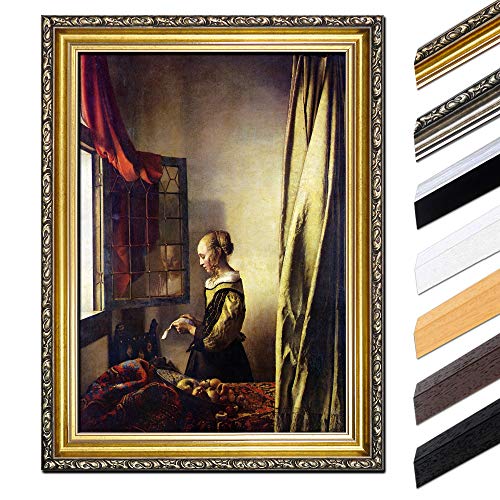 Bild mit Rahmen - Jan Vermeer Briefleserin am offenen Fenster 40x50 cm - Gerahmtes Leinwandbild Alte Meister - Antiker Rahmen Gold Barock, Klassisch von Bilderdepot24