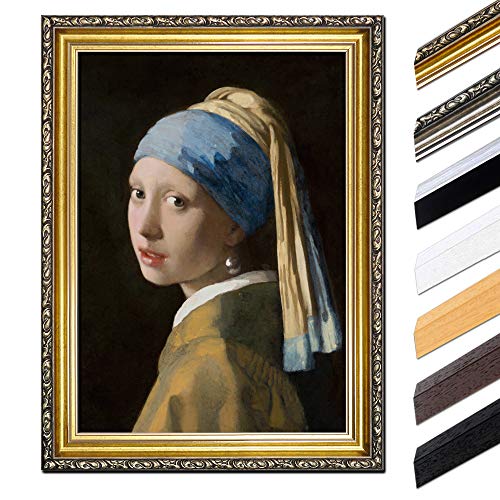 Bild mit Rahmen - Jan Vermeer Das Mädchen mit dem Perlenohrgehänge 40x50 cm - Gerahmtes Leinwandbild Alte Meister - Antiker Rahmen Gold Barock, Klassisch von Bilderdepot24