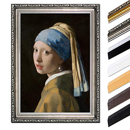 Bild mit Rahmen - Jan Vermeer Das Mädchen mit dem Perlenohrgehänge 40x50 cm - Gerahmtes Leinwandbild Alte Meister - Antiker Rahmen Silber Barock, Klassisch von Bilderdepot24