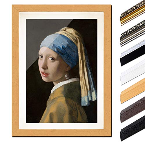 Bild mit Rahmen - Jan Vermeer Das Mädchen mit dem Perlenohrgehänge 60x80 cm ca. A1 - Gerahmter Kunstdruck inkl. Galerie Passepartout Alte Meister - Rahmen buche von Bilderdepot24