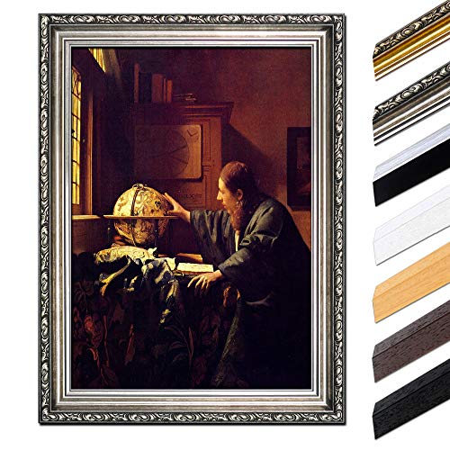 Bild mit Rahmen - Jan Vermeer Der Astronom 70x90 cm - Gerahmtes Leinwandbild Alte Meister - Antiker Rahmen Silber Barock, Klassisch von Bilderdepot24