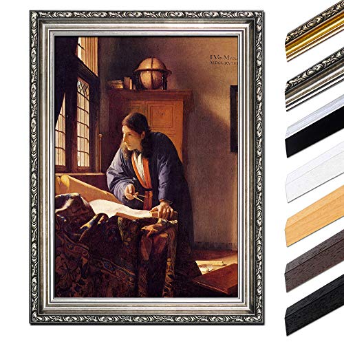 Bild mit Rahmen - Jan Vermeer Der Geograph 40x50 cm - Gerahmtes Leinwandbild Alte Meister - Antiker Rahmen Silber Barock, Klassisch von Bilderdepot24
