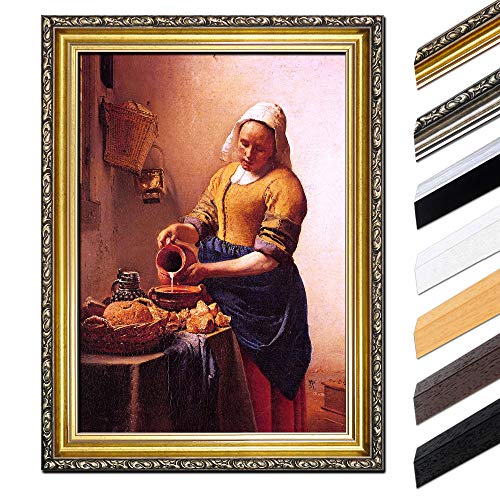 Bild mit Rahmen - Jan Vermeer Dienstmagd mit Milchkrug 40x50 cm - Gerahmtes Leinwandbild Alte Meister - Antiker Rahmen Gold Barock, Klassisch von Bilderdepot24