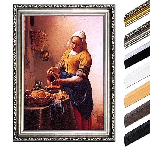 Bild mit Rahmen - Jan Vermeer Dienstmagd mit Milchkrug 40x50 cm - Gerahmtes Leinwandbild Alte Meister - Antiker Rahmen Silber Barock, Klassisch von Bilderdepot24