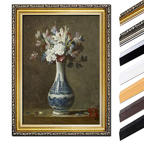 Bild mit Rahmen - Jean Siméon Chardin Vase mit Blumen 40x50 cm - Gerahmtes Leinwandbild Alte Meister - Antiker Rahmen Gold Barock, Klassisch von Bilderdepot24