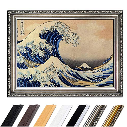 Bild mit Rahmen - Katsushika Hokusai Die große Welle vor Kanagawa 110x85 cm - Gerahmtes Leinwandbild Alte Meister - Antiker Rahmen Silber Barock, Klassisch von Bilderdepot24