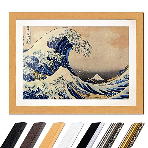 Bild mit Rahmen - Katsushika Hokusai Die große Welle vor Kanagawa 40x30 cm ca. A3 - Gerahmter Kunstdruck inkl. Galerie Passepartout Alte Meister - Rahmen buche von Bilderdepot24