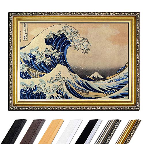 Bild mit Rahmen - Katsushika Hokusai Die große Welle vor Kanagawa 50x40 cm - Gerahmtes Leinwandbild Alte Meister - Antiker Rahmen Gold Barock, Klassisch von Bilderdepot24