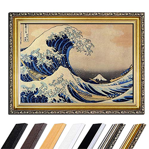 Bild mit Rahmen - Katsushika Hokusai Die große Welle vor Kanagawa 90x70 cm - Gerahmtes Leinwandbild Alte Meister - Antiker Rahmen Gold Barock, Klassisch von Bilderdepot24