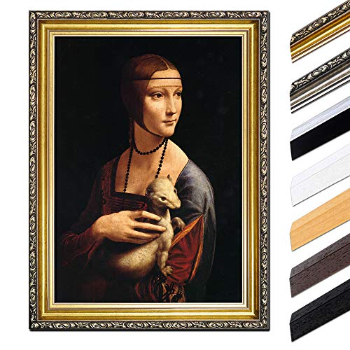 Bild mit Rahmen - Leonardo da Vinci Die Dame mit dem Hermelin 60x80 cm - Gerahmtes Leinwandbild Alte Meister - Antiker Rahmen Gold Barock, Klassisch von Bilderdepot24