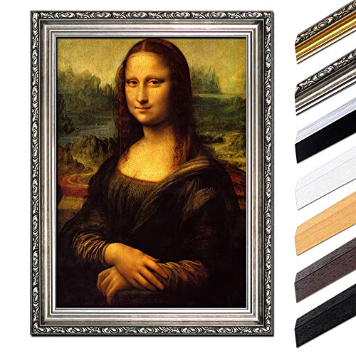 Bild mit Rahmen - Leonardo da Vinci Mona Lisa 85x110 cm - Gerahmtes Leinwandbild Alte Meister - Antiker Rahmen Silber Barock, Klassisch von Bilderdepot24