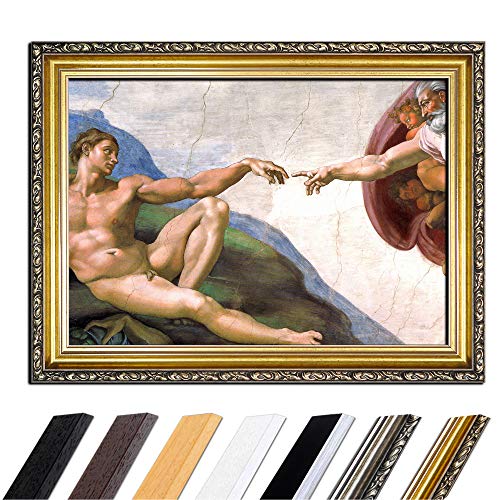 Bild mit Rahmen - Michelangelo Die Erschaffung Adams 110x85 cm - Gerahmtes Leinwandbild Alte Meister - Antiker Rahmen Gold Barock, Klassisch von Bilderdepot24
