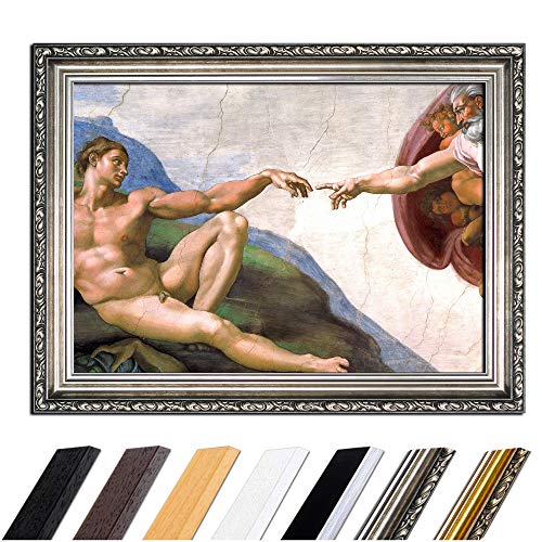 Bild mit Rahmen - Michelangelo Die Erschaffung Adams 90x70 cm - Gerahmtes Leinwandbild Alte Meister - Antiker Rahmen Silber Barock, Klassisch von Bilderdepot24