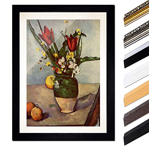 Bild mit Rahmen - Paul Cézanne Stillleben mit Tulpen und Äpfel 20x30 cm ca. A4 - Gerahmter Kunstdruck inkl. Galerie Passepartout Alte Meister - Rahmen schwarz von Bilderdepot24