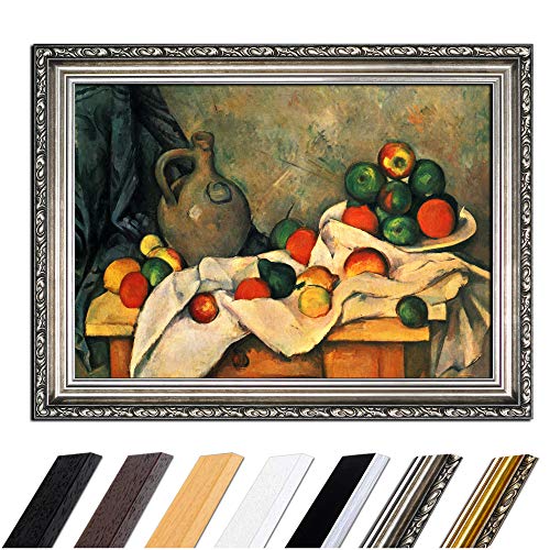 Bild mit Rahmen - Paul Cézanne Stillleben mit Vorhang, Krug und Obstschale 50x40 cm - Gerahmtes Leinwandbild Alte Meister - Antiker Rahmen Silber Barock, Klassisch von Bilderdepot24