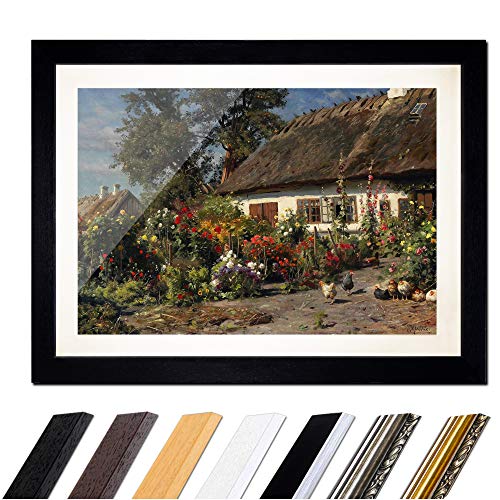 Bild mit Rahmen - Peder Mork Mönsted Ein Bauerngarten mit Hühnern 60x40 cm ca. A2 - Gerahmter Kunstdruck inkl. Galerie Passepartout Alte Meister - Rahmen schwarz von Bilderdepot24