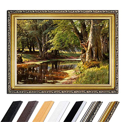 Bild mit Rahmen - Peder Mork Mönsted Waldlandschaft 110x85 cm - Gerahmtes Leinwandbild Alte Meister - Antiker Rahmen Gold Barock, Klassisch von Bilderdepot24