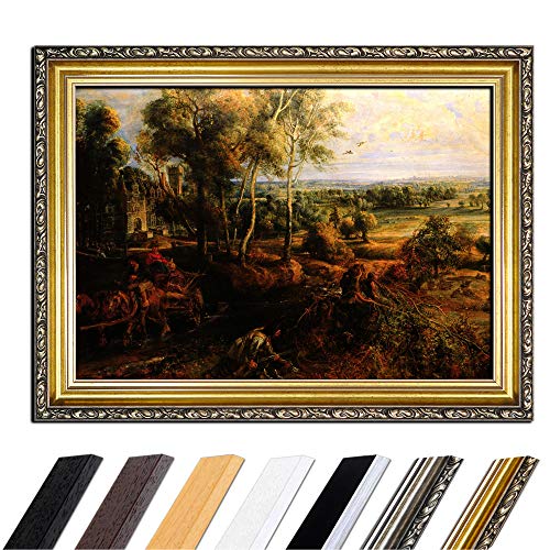 Bild mit Rahmen - Peter Paul Rubens Landschaft mit Ansicht von Schloss Steen 50x40 cm - Gerahmtes Leinwandbild Alte Meister - Antiker Rahmen Gold Barock, Klassisch von Bilderdepot24