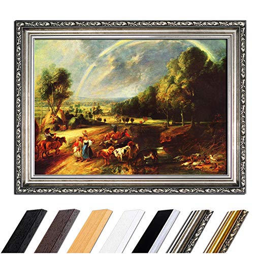 Bild mit Rahmen - Peter Paul Rubens Landschaft mit dem Regenbogen 80x60 cm - Gerahmtes Leinwandbild Alte Meister - Antiker Rahmen Silber Barock, Klassisch von Bilderdepot24