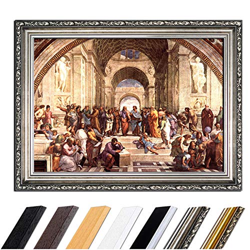 Bild mit Rahmen - Raffael Die Schule von Athen 50x40 cm - Gerahmtes Leinwandbild Alte Meister - Antiker Rahmen Silber Barock, Klassisch von Bilderdepot24