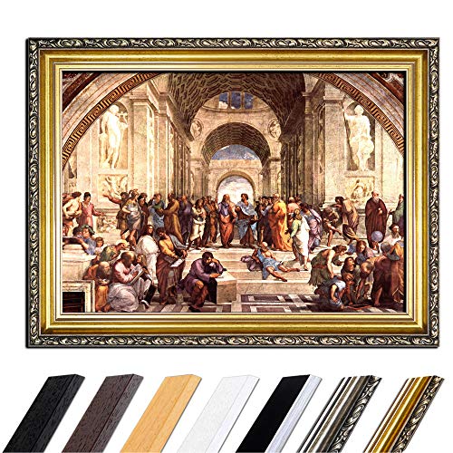 Bild mit Rahmen - Raffael Die Schule von Athen 90x70 cm - Gerahmtes Leinwandbild Alte Meister - Antiker Rahmen Gold Barock, Klassisch von Bilderdepot24