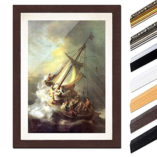 Bild mit Rahmen - Rembrandt Christus im Sturm auf dem See von Galilea 60x80 cm ca. A1 - Gerahmter Kunstdruck inkl. Galerie Passepartout Alte Meister - Rahmen wenge von Bilderdepot24