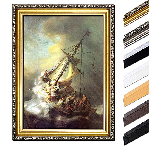 Bild mit Rahmen - Rembrandt Christus im Sturm auf dem See von Galilea 70x90 cm - Gerahmtes Leinwandbild Alte Meister - Antiker Rahmen Gold Barock, Klassisch von Bilderdepot24