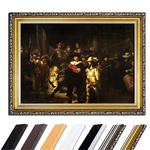 Bild mit Rahmen - Rembrandt Die Nachtwache 110x85 cm - Gerahmtes Leinwandbild Alte Meister - Antiker Rahmen Gold Barock, Klassisch von Bilderdepot24