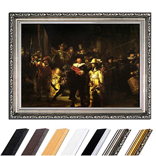 Bild mit Rahmen - Rembrandt Die Nachtwache 80x60 cm - Gerahmtes Leinwandbild Alte Meister - Antiker Rahmen Silber Barock, Klassisch von Bilderdepot24