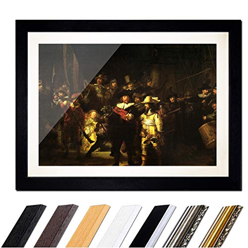 Bild mit Rahmen - Rembrandt Die Nachtwache 80x60 cm ca. A1 - Gerahmter Kunstdruck inkl. Galerie Passepartout Alte Meister - Rahmen schwarz von Bilderdepot24