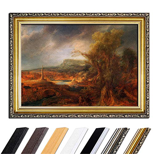 Bild mit Rahmen - Rembrandt Landschaft mit Obelisk 110x85 cm - Gerahmtes Leinwandbild Alte Meister - Antiker Rahmen Gold Barock, Klassisch von Bilderdepot24