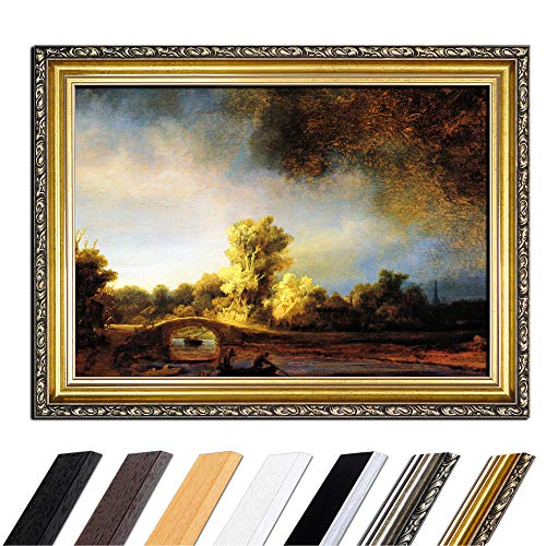 Bild mit Rahmen - Rembrandt Landschaft mit Steinbrücke 50x40 cm - Gerahmtes Leinwandbild Alte Meister - Antiker Rahmen Gold Barock, Klassisch von Bilderdepot24