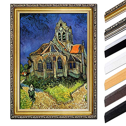 Bild mit Rahmen - Vincent van Gogh Die Kirche von Auvers 70x90 cm - Gerahmtes Leinwandbild Alte Meister - Antiker Rahmen Gold Barock, Klassisch von Bilderdepot24