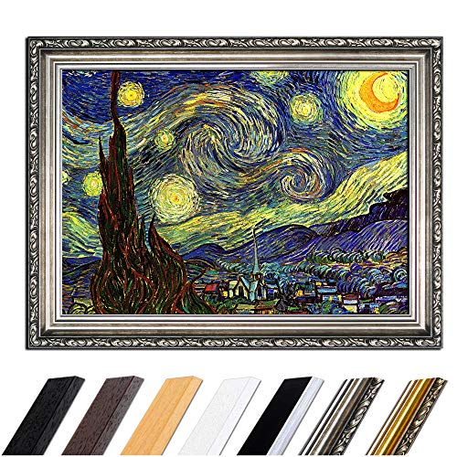 Bild mit Rahmen - Vincent van Gogh Sternennacht 110x85 cm - Gerahmtes Leinwandbild Alte Meister - Antiker Rahmen Silber Barock, Klassisch von Bilderdepot24