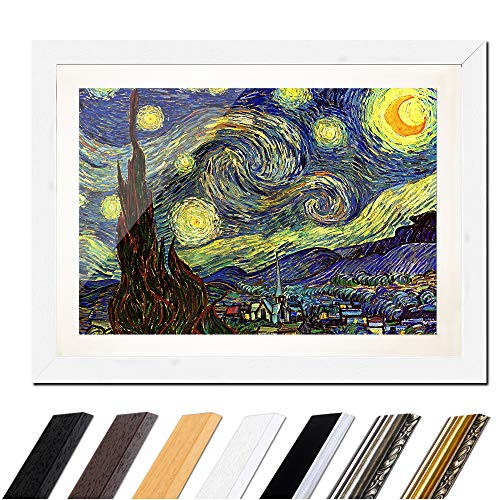 Bild mit Rahmen - Vincent van Gogh Sternennacht 80x60 cm ca. A1 - Gerahmter Kunstdruck inkl. Galerie Passepartout Alte Meister - Rahmen weiß von Bilderdepot24
