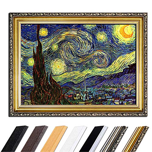 Bild mit Rahmen - Vincent van Gogh Sternennacht 90x70 cm - Gerahmtes Leinwandbild Alte Meister - Antiker Rahmen Gold Barock, Klassisch von Bilderdepot24